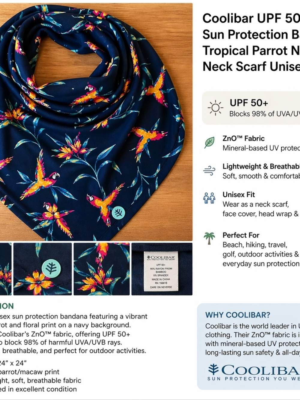 Coolibar UPF 50+ Sun Protection Bandana Tropical Parrot Navy Neck Scarf Unisex